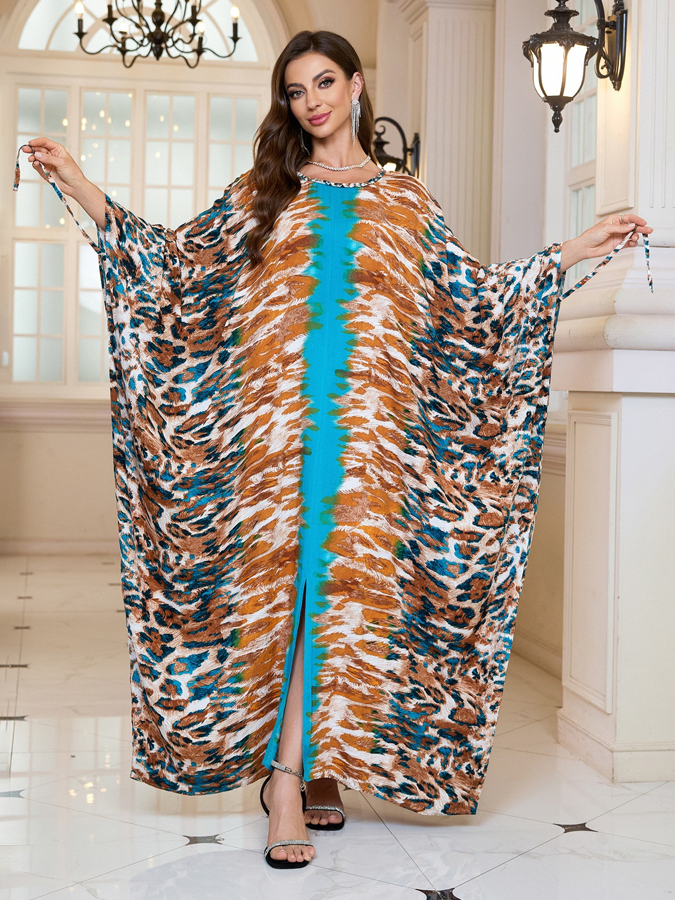 Geometric Pattern Kaftan Maxi Dress with Long Batwing Sleeves for Beach Cover Up